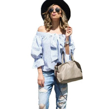 Sexy Striped Off Shoulder Tops Street Shoot Slash Neck Blouses And Shirts Women Lantern Sleeve Loose Women Tops