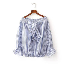 Sexy Striped Off Shoulder Tops Street Shoot Slash Neck Blouses And Shirts Women Lantern Sleeve Loose Women Tops