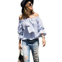 Sexy Striped Off Shoulder Tops Street Shoot Slash Neck Blouses And Shirts Women Lantern Sleeve Loose Women Tops