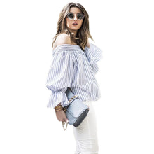 Sexy Striped Off Shoulder Tops Street Shoot Slash Neck Blouses And Shirts Women Lantern Sleeve Loose Women Tops