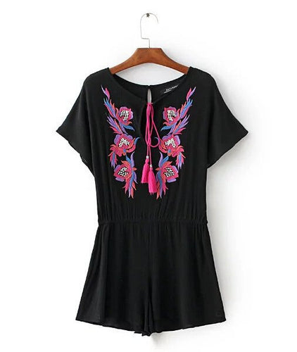 Sexy Tassel Lacing up o neck Embroidery Jumpsuit Women Short sleeve Elastic Waist Short Pants Romper Overalls Black