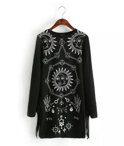 Sexy Tassel Patchwork Printing Long sleeve Dress Retro Fringed O neck Package hips Short pencil Dresses Femme Vestidos Black