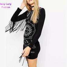 Sexy Tassel Patchwork Printing Long sleeve Dress Retro Fringed O neck Package hips Short pencil Dresses Femme Vestidos Black