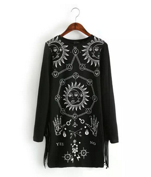 Sexy Tassel Patchwork Printing Long sleeve Dress Retro Fringed O neck Package hips Short pencil Dresses Femme Vestidos Black