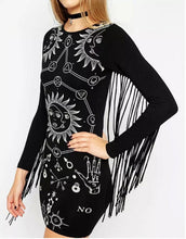 Sexy Tassel Patchwork Printing Long sleeve Dress Retro Fringed O neck Package hips Short pencil Dresses Femme Vestidos Black