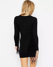 Sexy Tassel Patchwork Printing Long sleeve Dress Retro Fringed O neck Package hips Short pencil Dresses Femme Vestidos Black