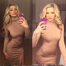 Sexy Turtleneck High Slit Women Dress Robe Long Sleeve Wrap Bodycon Dress High Neck Midi Dresses For Women