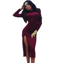 Sexy Turtleneck High Slit Women Dress Robe Long Sleeve Wrap Bodycon Dress High Neck Midi Dresses For Women