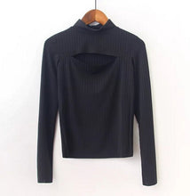 Sexy Turtleneck Hollow out Front Slit Tee Women Tight Knitted Long Sleeve Tee Short Top T-shirt