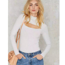 Sexy Turtleneck Hollow out Front Slit Tee Women Tight Knitted Long Sleeve Tee Short Top T-shirt