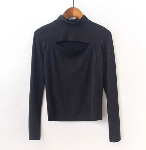 Sexy Turtleneck Hollow out Front Slit Tee Women Tight Knitted Long Sleeve Tee Short Top T-shirt