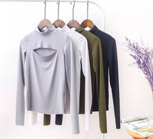 Sexy Turtleneck Hollow out Front Slit Tee Women Tight Knitted Long Sleeve Tee Short Top T-shirt
