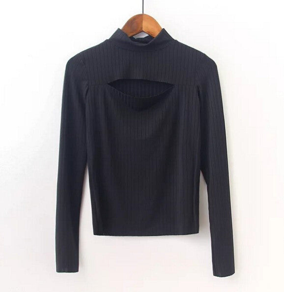 Sexy Turtleneck Hollow out Front Slit Tee Women Tight Knitted Long Sleeve Tee Short Top T-shirt