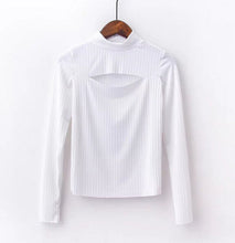 Sexy Turtleneck Hollow out Front Slit Tee Women Tight Knitted Long Sleeve Tee Short Top T-shirt