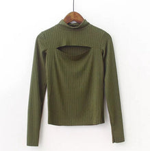 Sexy Turtleneck Hollow out Front Slit Tee Women Tight Knitted Long Sleeve Tee Short Top T-shirt