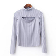 Sexy Turtleneck Hollow out Front Slit Tee Women Tight Knitted Long Sleeve Tee Short Top T-shirt