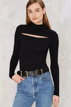 Sexy Turtleneck Hollow out Front Slit Tee Women Tight Knitted Long Sleeve Tee Short Top T-shirt