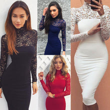 Sexy Turtleneck Women Dress Lace Patchwork Midi Dresses Elegant Solid Bodycon Club Party Wear Vestidos M0673