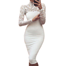 Sexy Turtleneck Women Dress Lace Patchwork Midi Dresses Elegant Solid Bodycon Club Party Wear Vestidos M0673