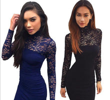 Sexy Turtleneck Women Dress Lace Patchwork Midi Dresses Elegant Solid Bodycon Club Party Wear Vestidos M0673