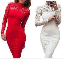 Sexy Turtleneck Women Dress Lace Patchwork Midi Dresses Elegant Solid Bodycon Club Party Wear Vestidos M0673