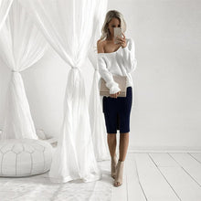 Sexy V-Neck Knitted Jumper Women Long Sleeve Sweater Shirts Loose Off Shoulder Office Pullovers Tops White M0552