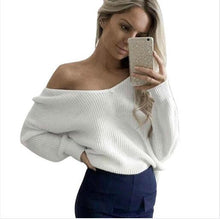 Sexy V-Neck Knitted Jumper Women Long Sleeve Sweater Shirts Loose Off Shoulder Office Pullovers Tops White M0552