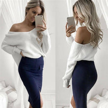 Sexy V-Neck Knitted Jumper Women Long Sleeve Sweater Shirts Loose Off Shoulder Office Pullovers Tops White M0552
