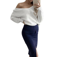 Sexy V-Neck Knitted Jumper Women Long Sleeve Sweater Shirts Loose Off Shoulder Office Pullovers Tops White M0552