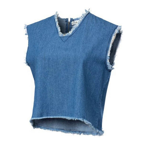 Sexy V neck Tassel Hem Denim Short Tanks Women Vintage ZIpper Back Sleeveless Short crop top Vest Tops