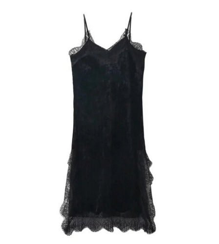 Sexy Velvet Lace Stitching Strappy V neck Strap Dress Woman Vestido de festa curto robe jurken Dresses Black Green