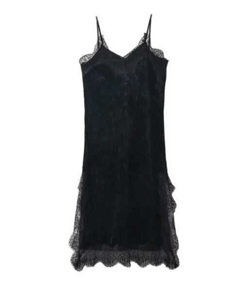 Sexy Velvet Lace Stitching Strappy V neck Strap Dress Woman Vestido de festa curto robe jurken Dresses Black Green