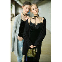 Sexy Velvet Lace Stitching Strappy V neck Strap Dress Woman Vestido de festa curto robe jurken Dresses Black Green