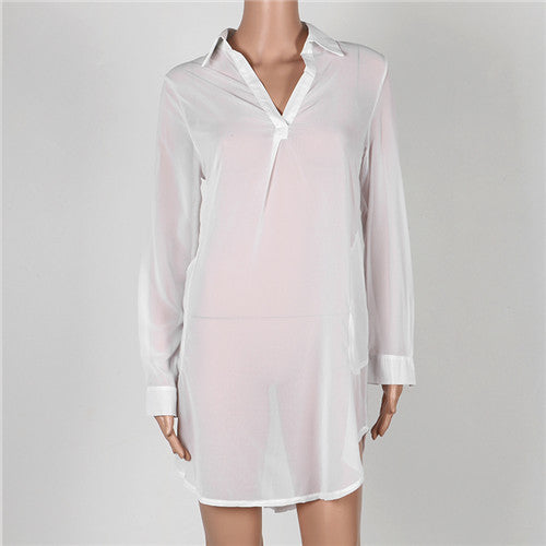Sexy White Long Chiffon Shirts Women Turn-down Collar Ladies Blouse Irregular Blusas Femininos Plus Size Top Shirt