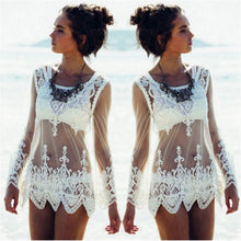 Sexy Women Blouses See-through Crochet Lace Blouse Long Sleeve Beach Swimsuit Bikini Cover Up Embroidery Women Tops