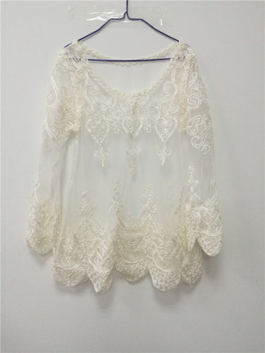 Sexy Women Blouses See-through Crochet Lace Blouse Long Sleeve Beach Swimsuit Bikini Cover Up Embroidery Women Tops