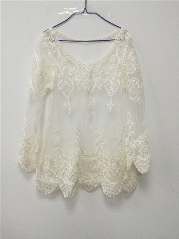 Sexy Women Blouses See-through Crochet Lace Blouse Long Sleeve Beach Swimsuit Bikini Cover Up Embroidery Women Tops