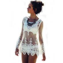 Sexy Women Blouses See-through Crochet Lace Blouse Long Sleeve Beach Swimsuit Bikini Cover Up Embroidery Women Tops