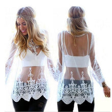 Sexy Women Blouses See-through Crochet Lace Blouse Long Sleeve Beach Swimsuit Bikini Cover Up Embroidery Women Tops