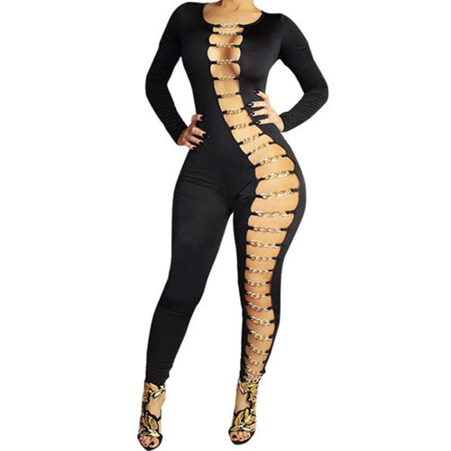 Sexy Women Bodycon Jumpsuit Hollow Out Night Club Party Women Jumpsuit Long Romper Chain Bandage Rompers Womens Jumpsuit Overall