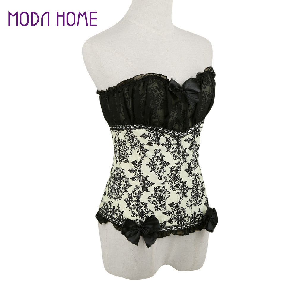 sexy-women-corset-waist-cincher-print-mesh-patchwork-bowknot-lace-up-zipper-back-strapless-lace-tops-corset-overbust BBL