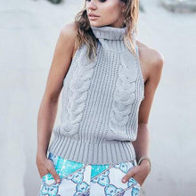 Sexy Women Knitted Sweaters Top Backless Turtleneck Pullover Tricot Femininos Sleeveless Slim Knitwear M0450