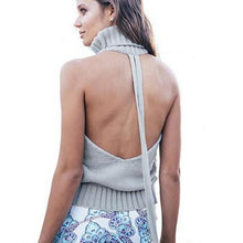 Sexy Women Knitted Sweaters Top Backless Turtleneck Pullover Tricot Femininos Sleeveless Slim Knitwear M0450