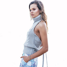 Sexy Women Knitted Sweaters Top Backless Turtleneck Pullover Tricot Femininos Sleeveless Slim Knitwear M0450
