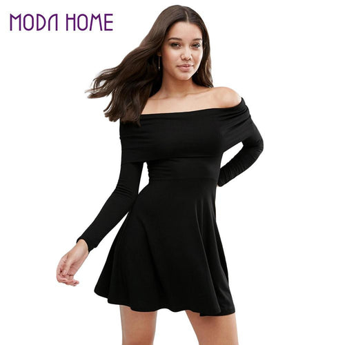 sexy-women-off-shoulder-mini-dress-slash-neck-black-club-dress-long-sleeve-elegant-party-a-line-dress-lady-vestido BBL