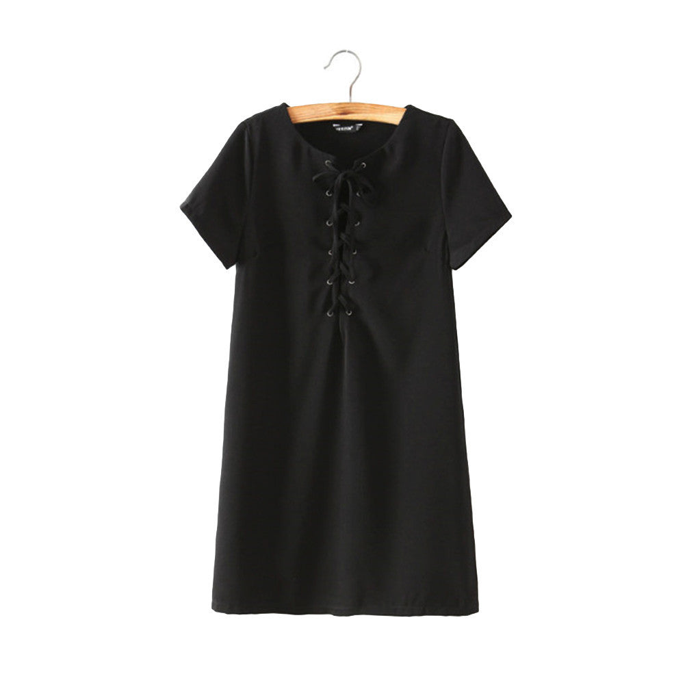 sexy-women-dress-tie-up-criss-solid-o-neck-short-sleeves-casual-dress-bandage-mini-party-dress-vestidos BBL