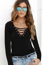 Sexy Women's Lace Up V Neck Sexy Women Blouse Top Long Sleeve Bandage Slim Fit Bottoming Shirts LX094