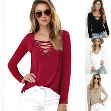 Sexy Women's Lace Up V Neck Sexy Women Blouse Top Long Sleeve Bandage Slim Fit Bottoming Shirts LX094