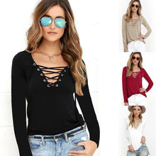 Sexy Women's Lace Up V Neck Sexy Women Blouse Top Long Sleeve Bandage Slim Fit Bottoming Shirts LX094
