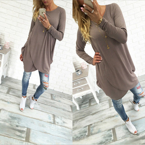 Sexy Women's O-neck Casual Loose Long Sleeve Dress & Irregular Hem Solid Dress For Women Ladies Clothings LX006